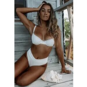 Skatie Cairo Monroe Bikini Bottoms High Waist Ivory Shimmer Size XL Women's